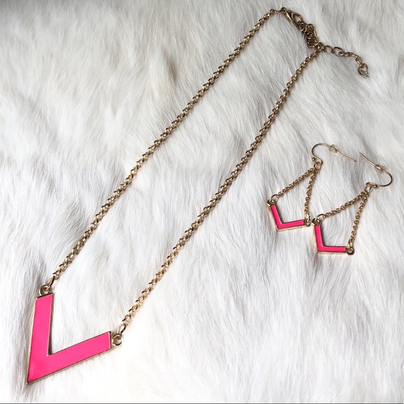 Jewelry - Hot Pink Chevron Gold Necklace & Matching Earrings